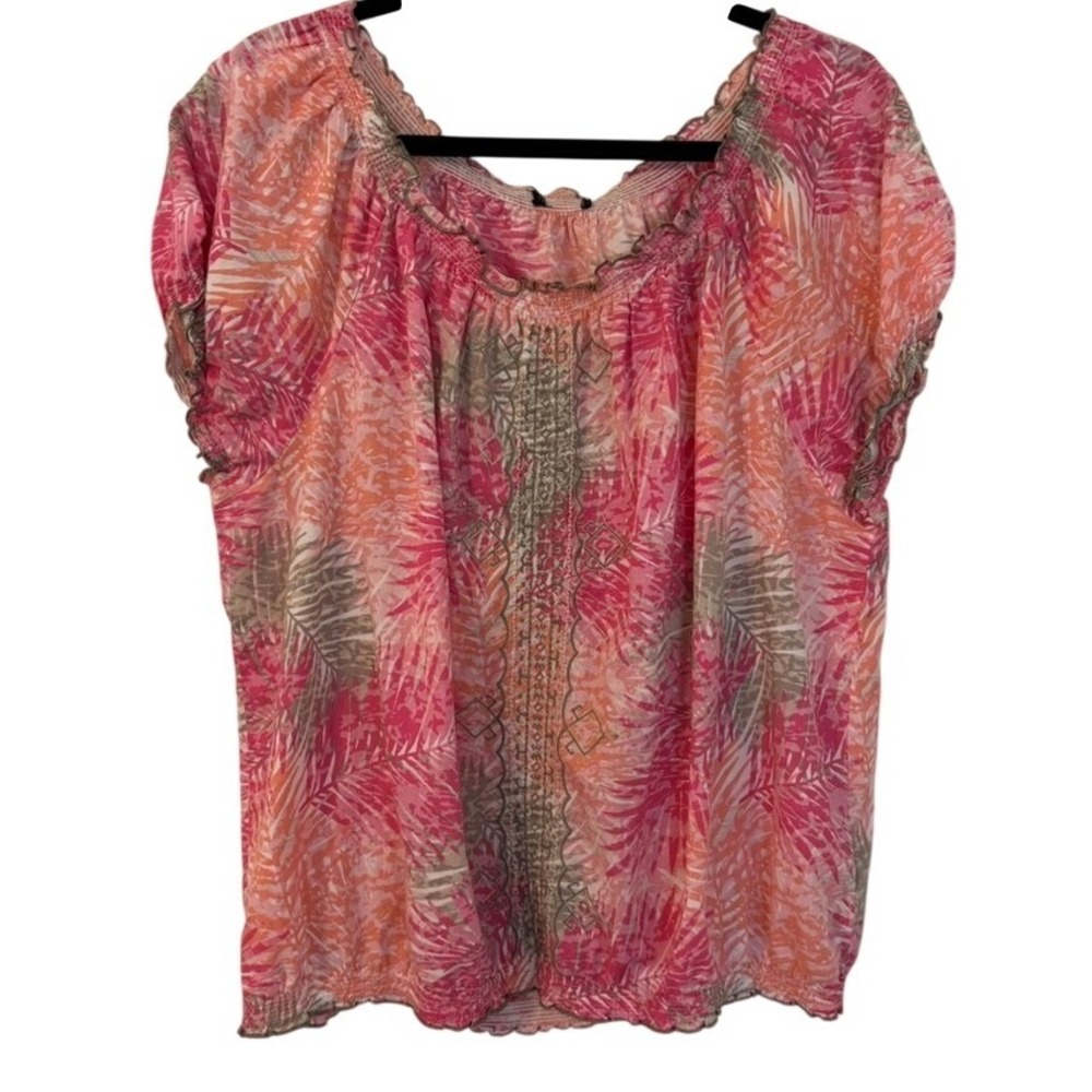 Pink Orange Tropical Palm Print Embroidered  Cap Sleeve Peasant Top XL Vacation